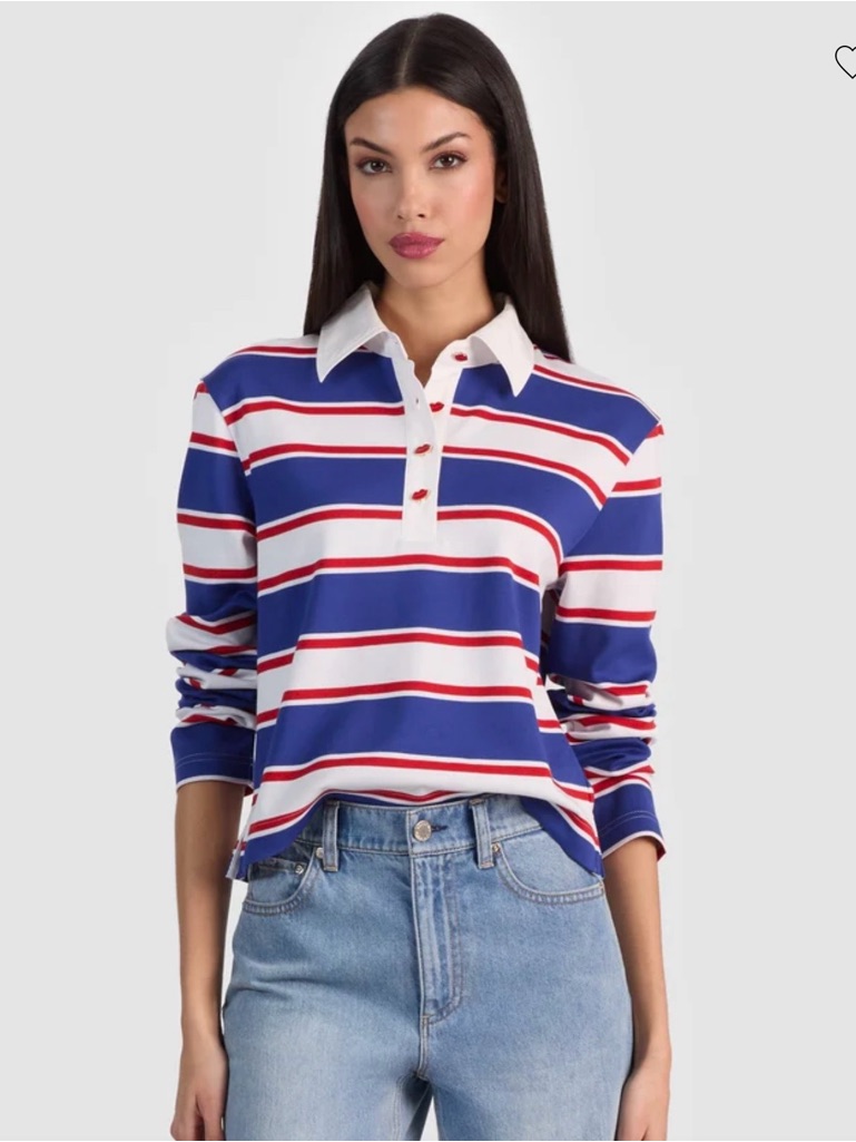 Alice & Olivia Lyla Rugby Long-Sleeve Polo Top - Blue/White/Red Xs Nwt